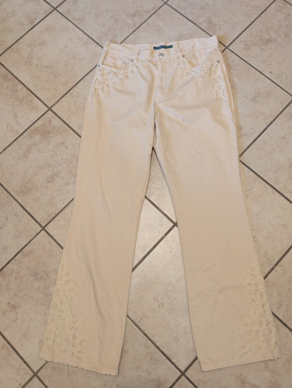 Women’sRalph Lauren Lace-Trim Cream Wide-Leg Pants